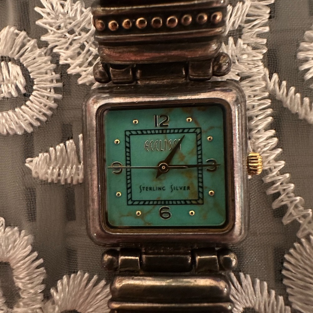 Ecclissi Sterling Silver Timepiece featuring an Aqua Dial and Leather Strap